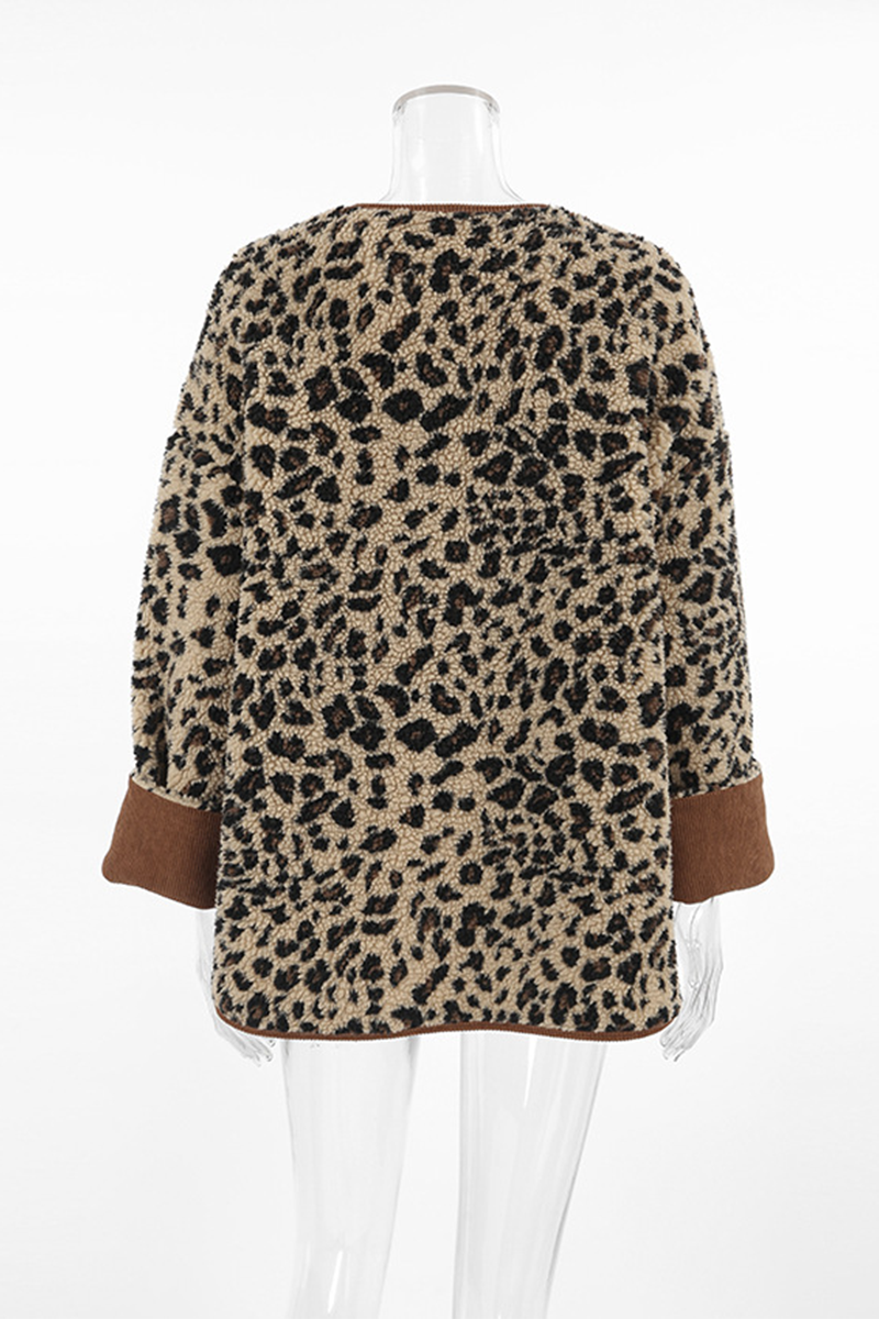 Leopard Print Patchwork O Neck Blazer with Pockets