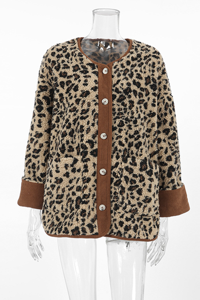 Leopard Print Patchwork O Neck Blazer with Pockets