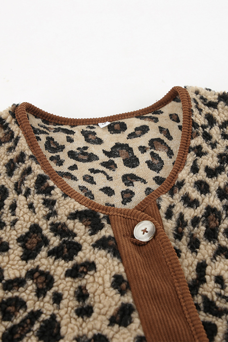 Leopard Print Patchwork O Neck Blazer with Pockets