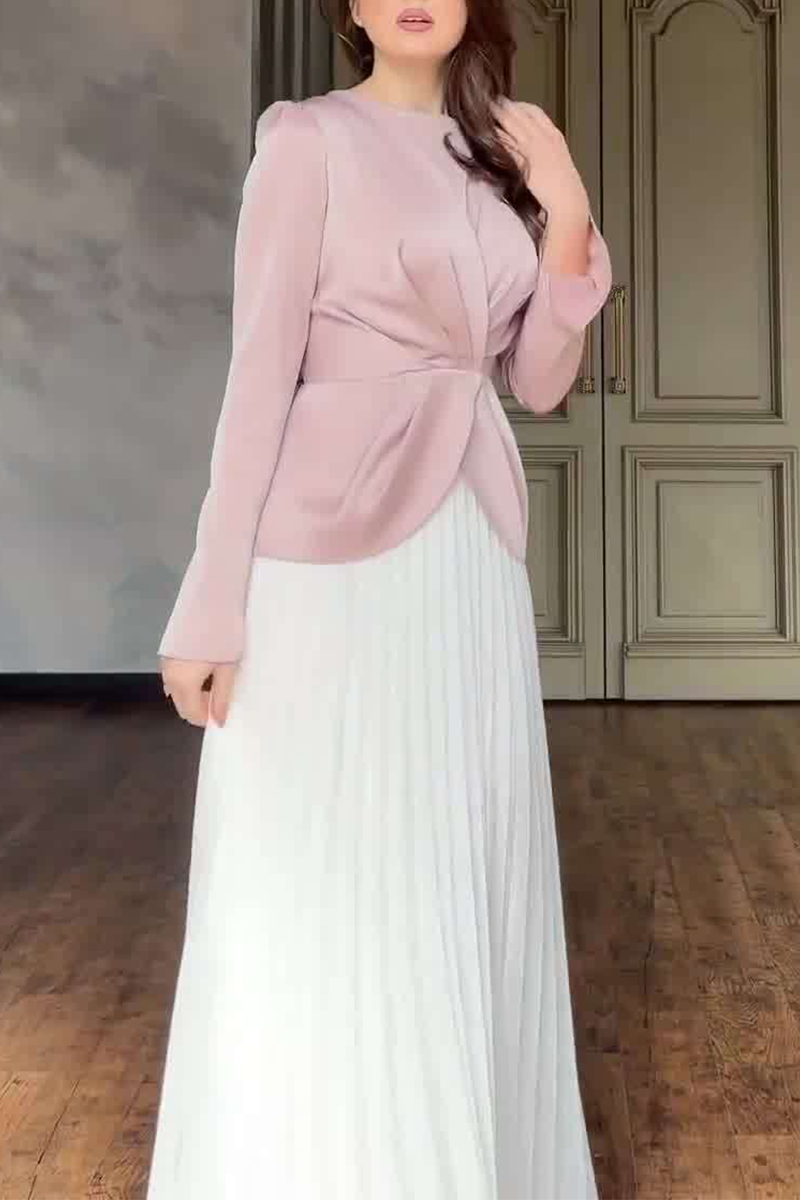 Elegant Ruched Strap Design Contrast O Neck Waist Skirt Dresses - Fashionpara