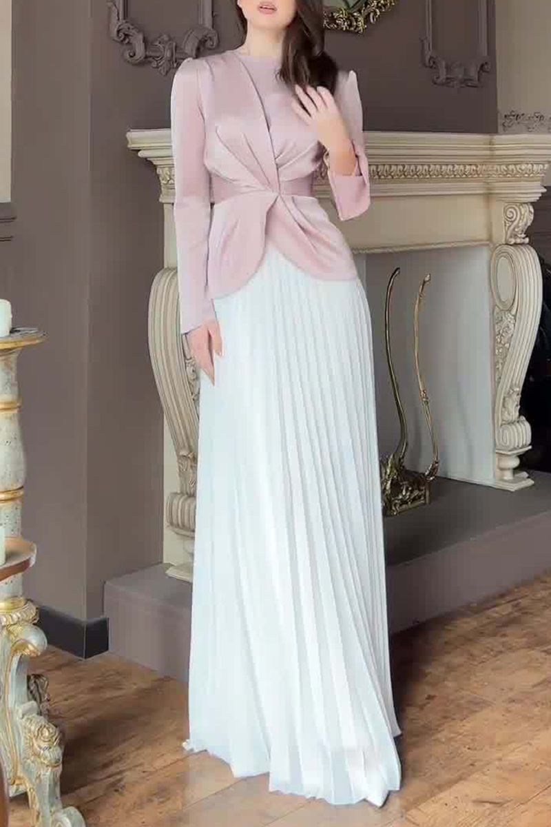 Elegant Ruched Strap Design Contrast O Neck Waist Skirt Dresses - Fashionpara