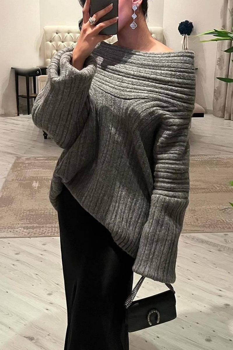 Florcoo Off Shoulder Irregular Sweater in Solid Colors