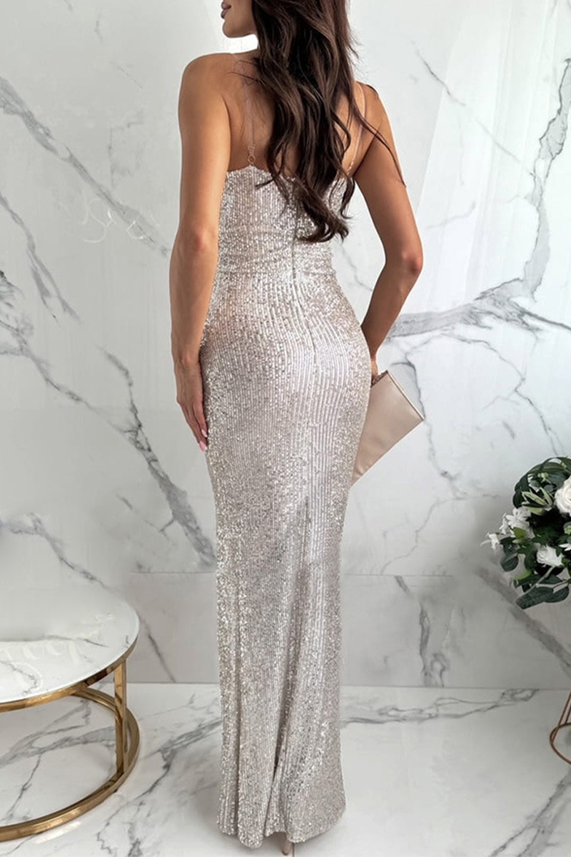 Sexy Sequins Slit V Neck Evening Dresses - Fashionpara