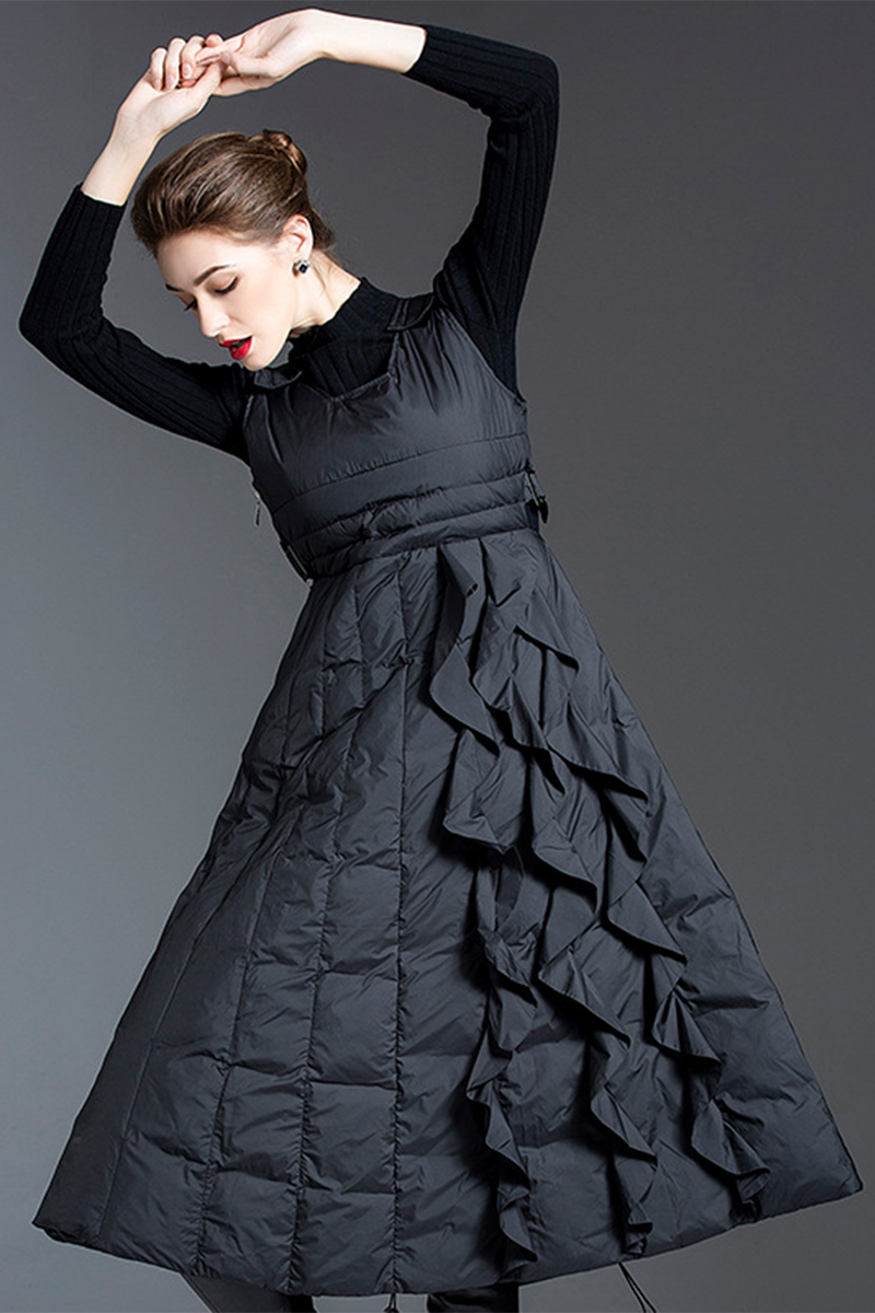 Casual Pocket Ruffle Adjustable White duck down Square Neck Sleeveless Dresses(Down content 86%~90%) - Fashionpara