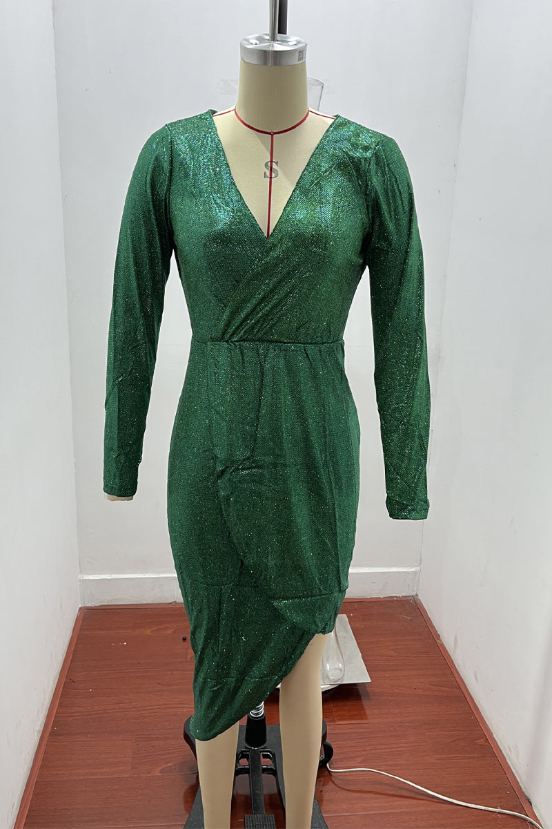 Fashion Elegant Solid Patchwork Sequined V Neck Evening Dress Dresses(5 Colors) - Fashionpara