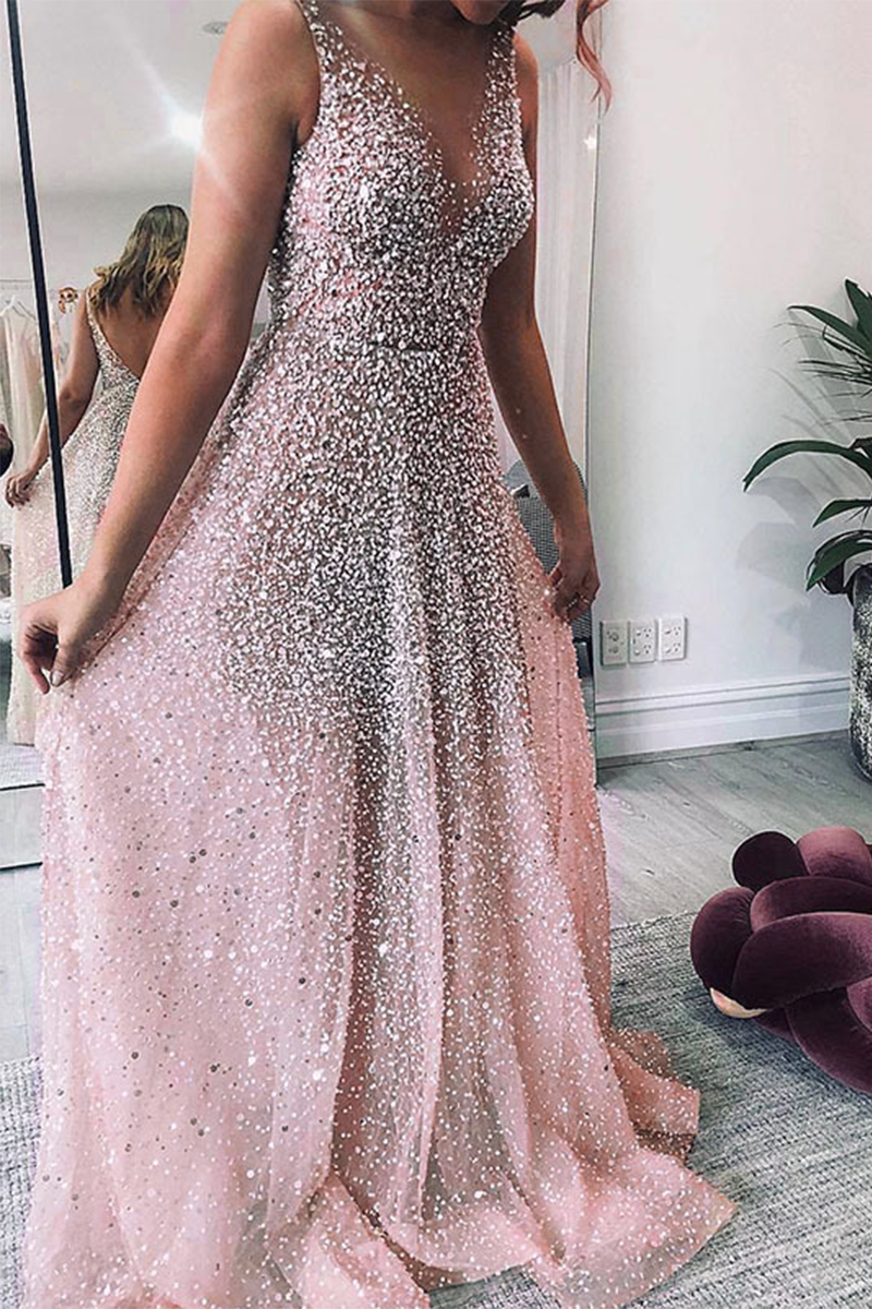 Sexy Gradient Sequined V Neck Evening Dresses - Fashionpara