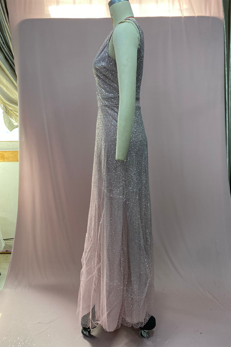 Sexy Gradient Sequined V Neck Evening Dresses - Fashionpara