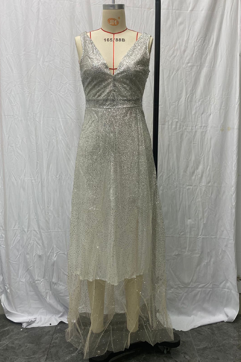 Sexy Gradient Sequined V Neck Evening Dresses - Fashionpara