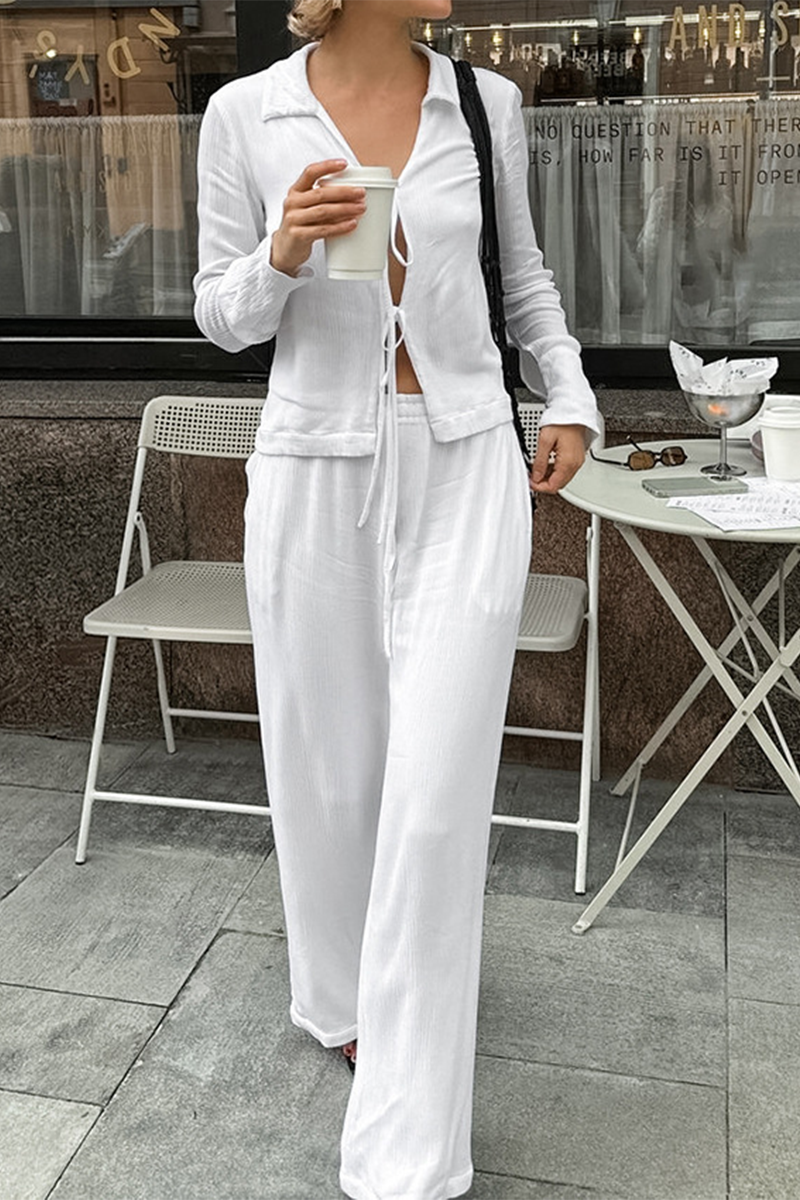 Casual Street Pocket Lace Up Turndown Collar Long Sleeve Two Pieces - Fashionpara