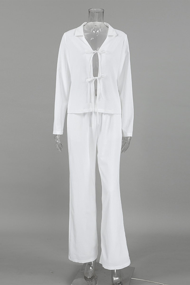 Casual Street Pocket Lace Up Turndown Collar Long Sleeve Two Pieces - Fashionpara