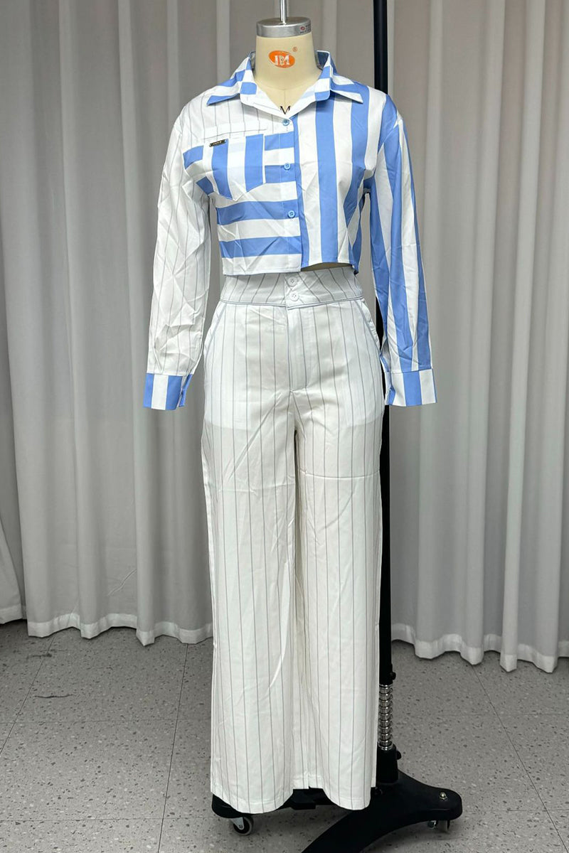 Casual Stripe Buttons Patchwork Contrast Turndown Collar Long Sleeve Two Pieces - Fashionpara