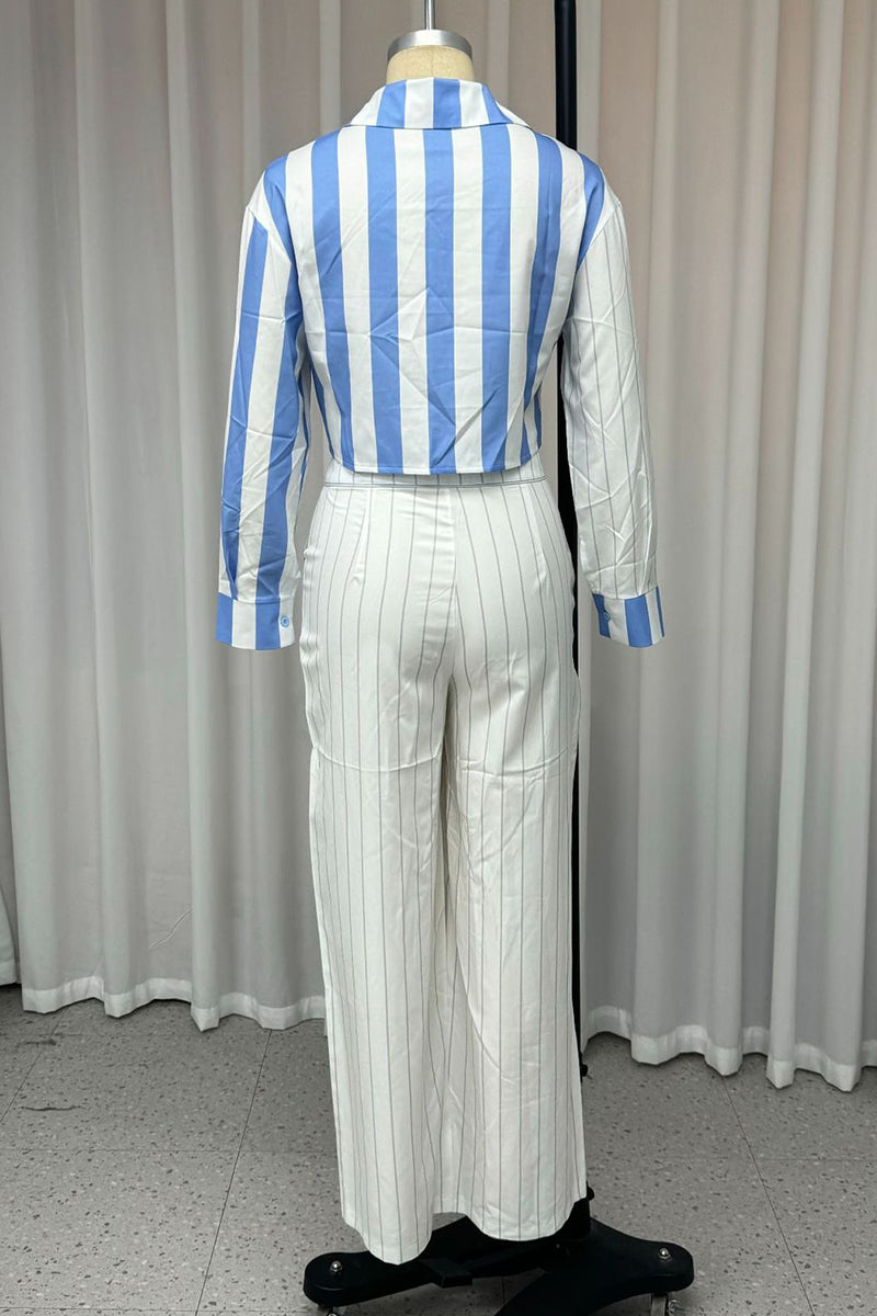 Casual Stripe Buttons Patchwork Contrast Turndown Collar Long Sleeve Two Pieces - Fashionpara