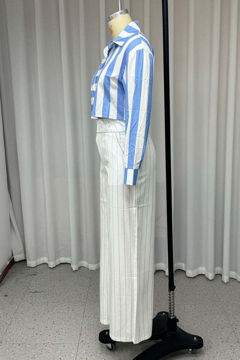 Casual Stripe Buttons Patchwork Contrast Turndown Collar Long Sleeve Two Pieces - Fashionpara