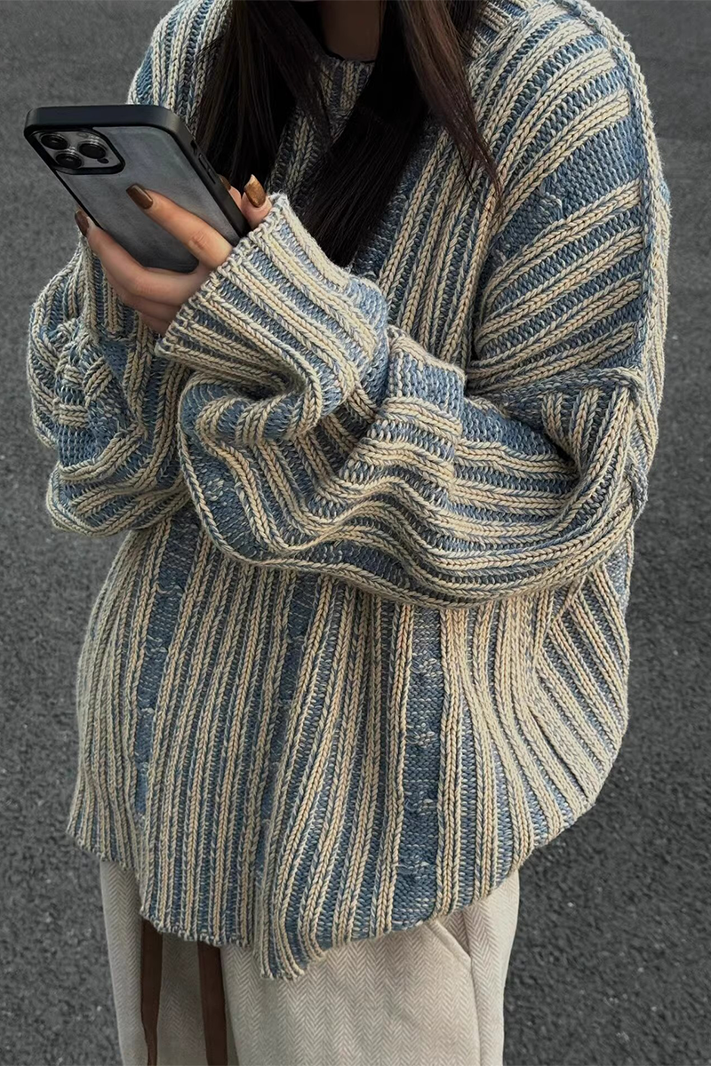 Florcoo Casual Stripe Weave O Neck Sweater for Everyday Style