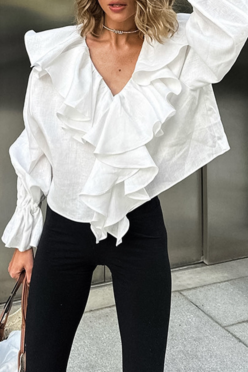 Casual Solid Color Ruffle V Neck Blouses - Fashionpara