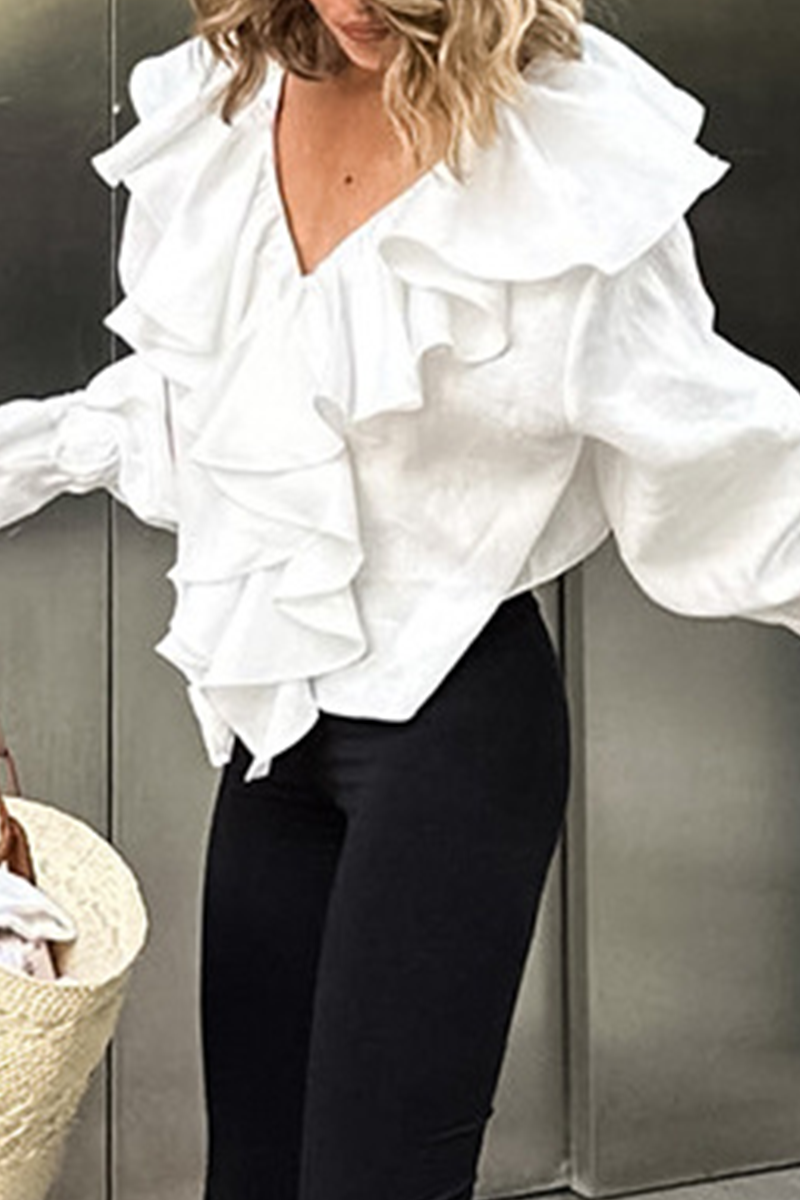 Casual Solid Color Ruffle V Neck Blouses - Fashionpara