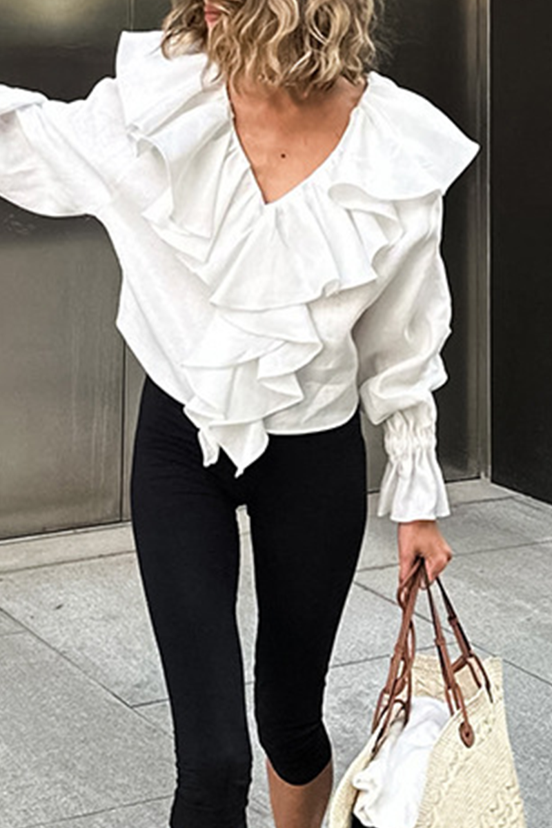 Casual Solid Color Ruffle V Neck Blouses - Fashionpara