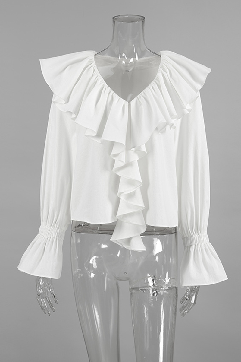 Casual Solid Color Ruffle V Neck Blouses - Fashionpara