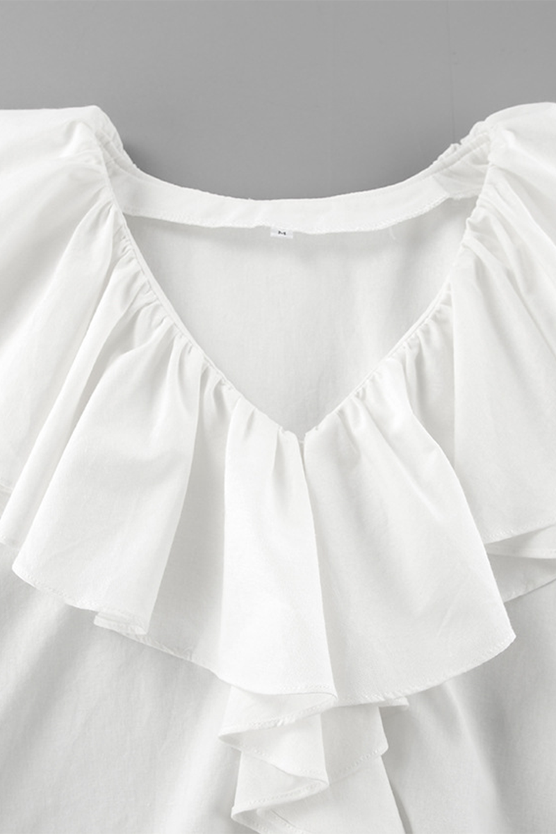 Casual Solid Color Ruffle V Neck Blouses - Fashionpara