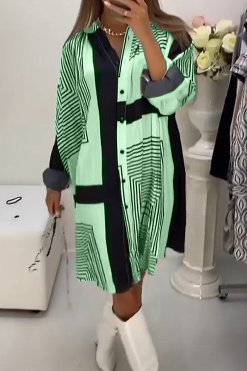 Casual Stripe Buttons Contrast V Neck Shirt Dresses(3 Colors) - Fashionpara