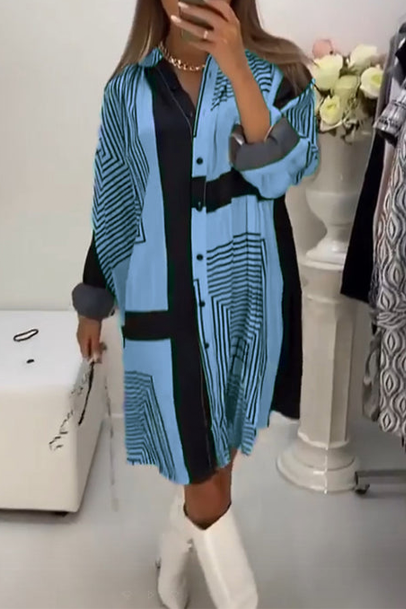 Casual Stripe Buttons Contrast V Neck Shirt Dresses(3 Colors) - Fashionpara