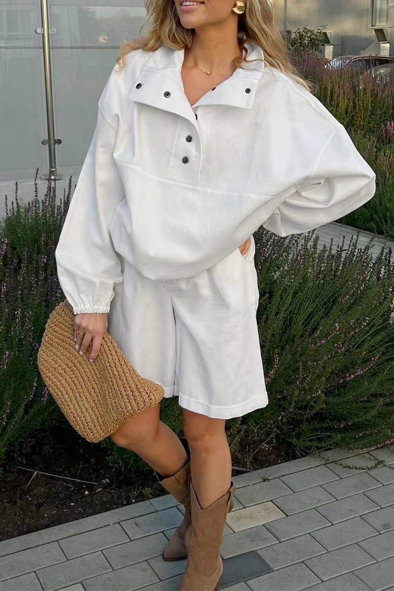 Casual Street Draw String Pocket Buttons Turndown Collar Long Sleeve Two Pieces - Fashionpara