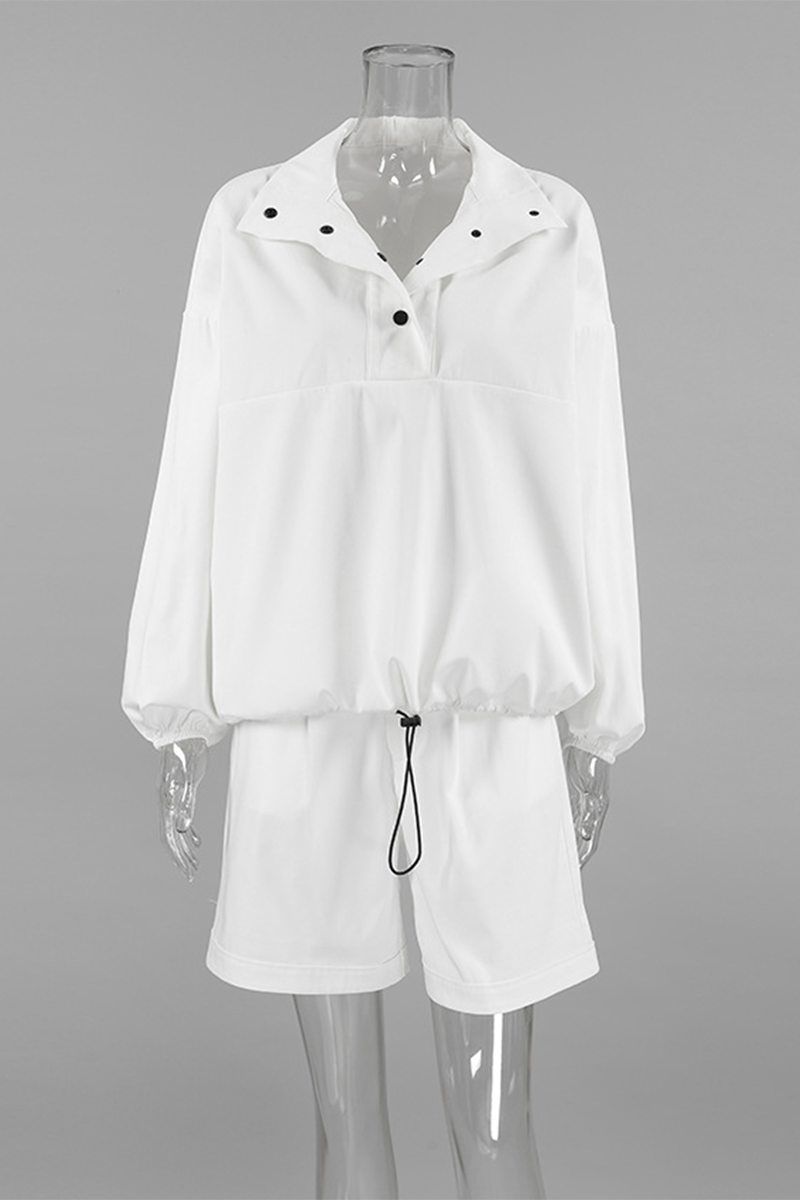 Casual Street Draw String Pocket Buttons Turndown Collar Long Sleeve Two Pieces - Fashionpara