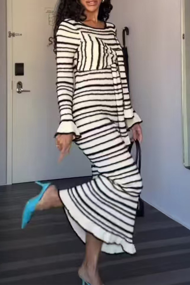 Casual Stripe Patchwork Bow Decor Contrast O Neck One Step Skirt Dresses - Fashionpara