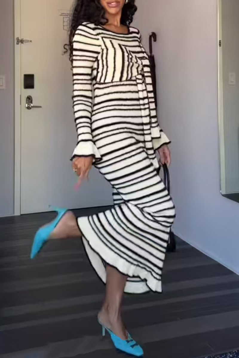 Casual Stripe Patchwork Bow Decor Contrast O Neck One Step Skirt Dresses - Fashionpara