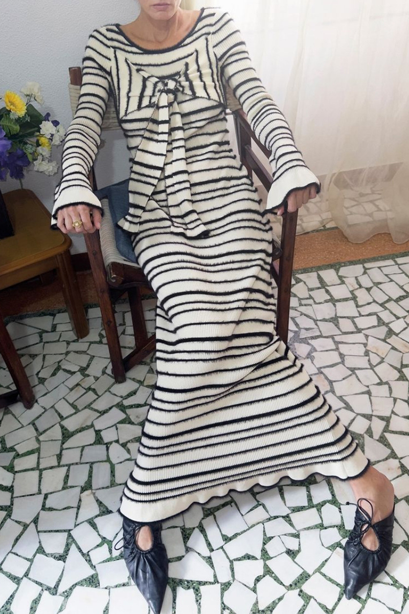 Casual Stripe Patchwork Bow Decor Contrast O Neck One Step Skirt Dresses - Fashionpara