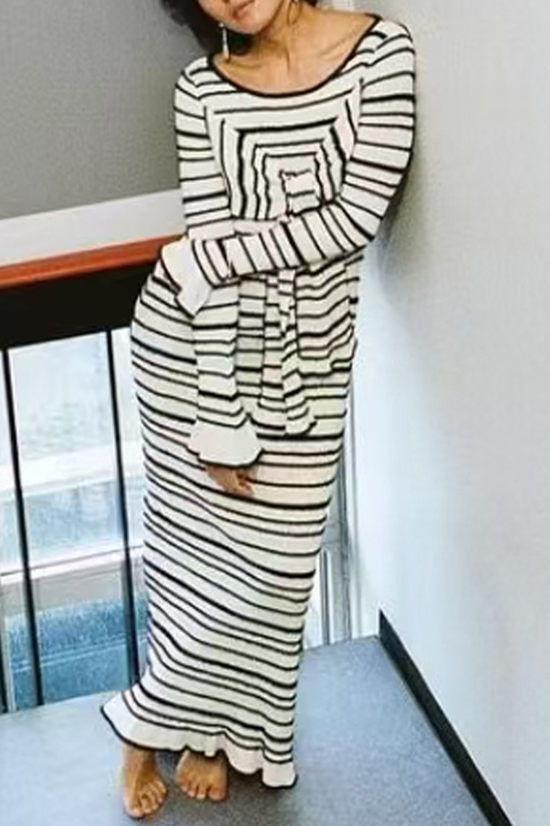 Casual Stripe Patchwork Bow Decor Contrast O Neck One Step Skirt Dresses - Fashionpara