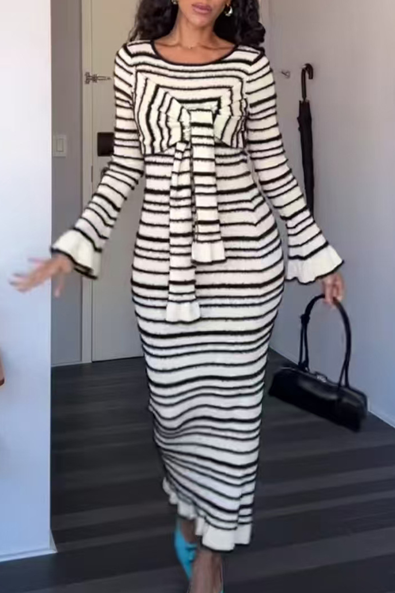 Casual Stripe Patchwork Bow Decor Contrast O Neck One Step Skirt Dresses - Fashionpara