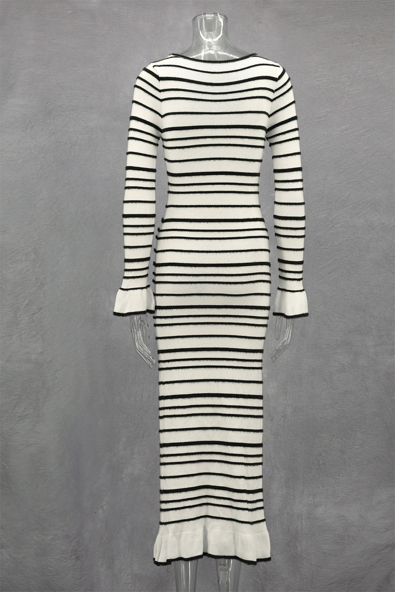 Casual Stripe Patchwork Bow Decor Contrast O Neck One Step Skirt Dresses - Fashionpara