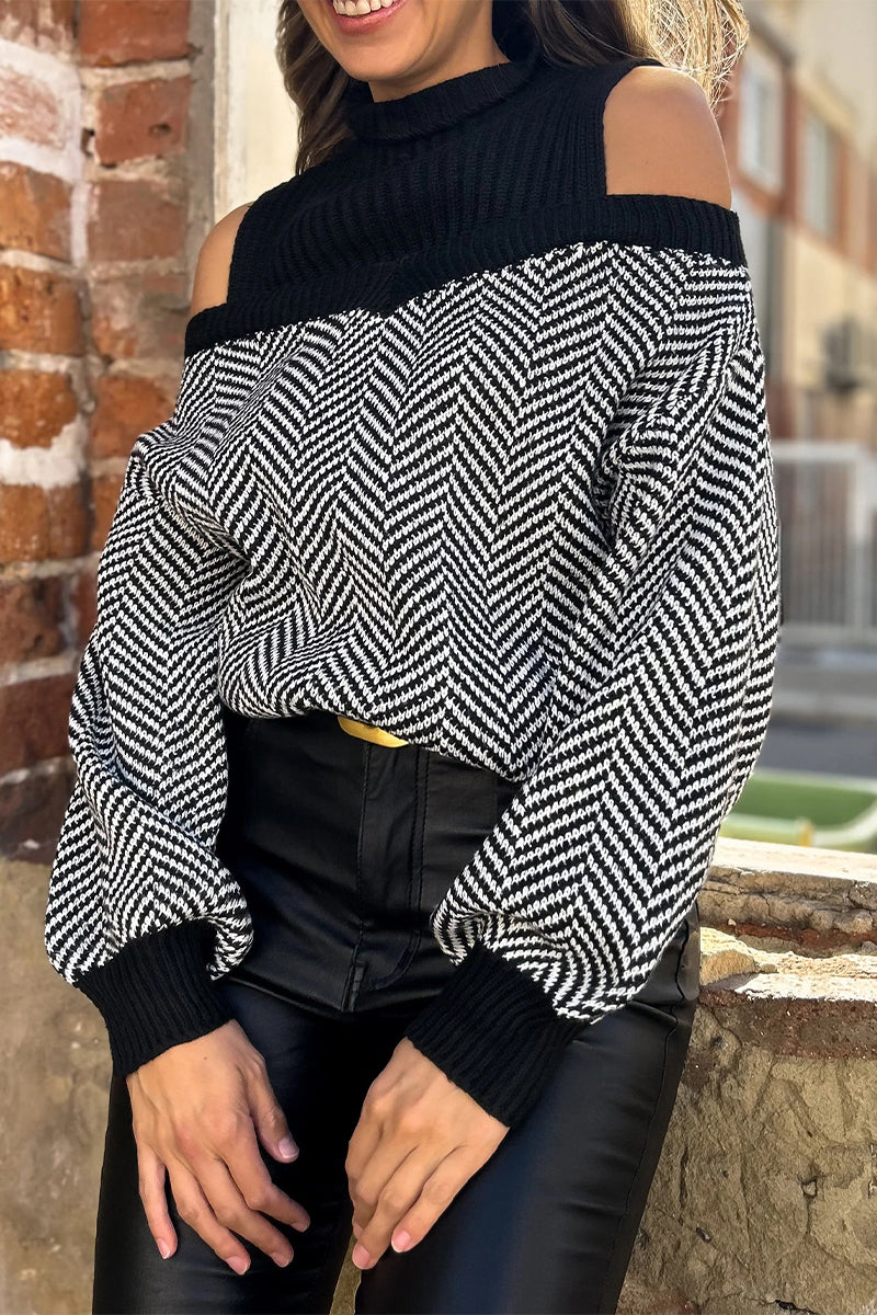 Florcoo Casual Stripe Weave Half Turtleneck Sweater