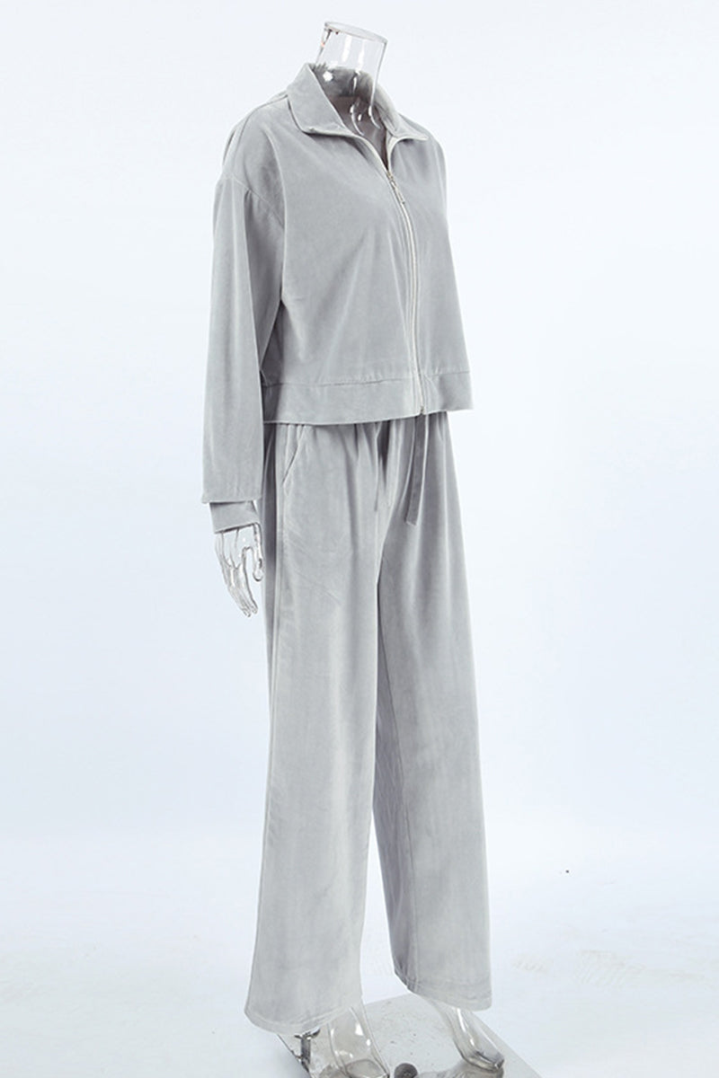 Casual Street Pocket Lace Up Turndown Collar Long Sleeve Two Pieces - Fashionpara