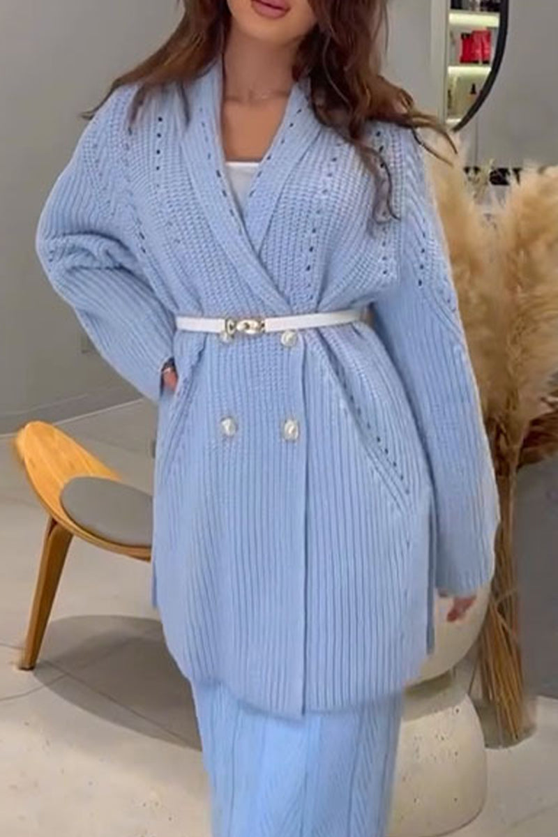 Belted Weave Turndown Collar Knitted Jacket - 3 Colors Available