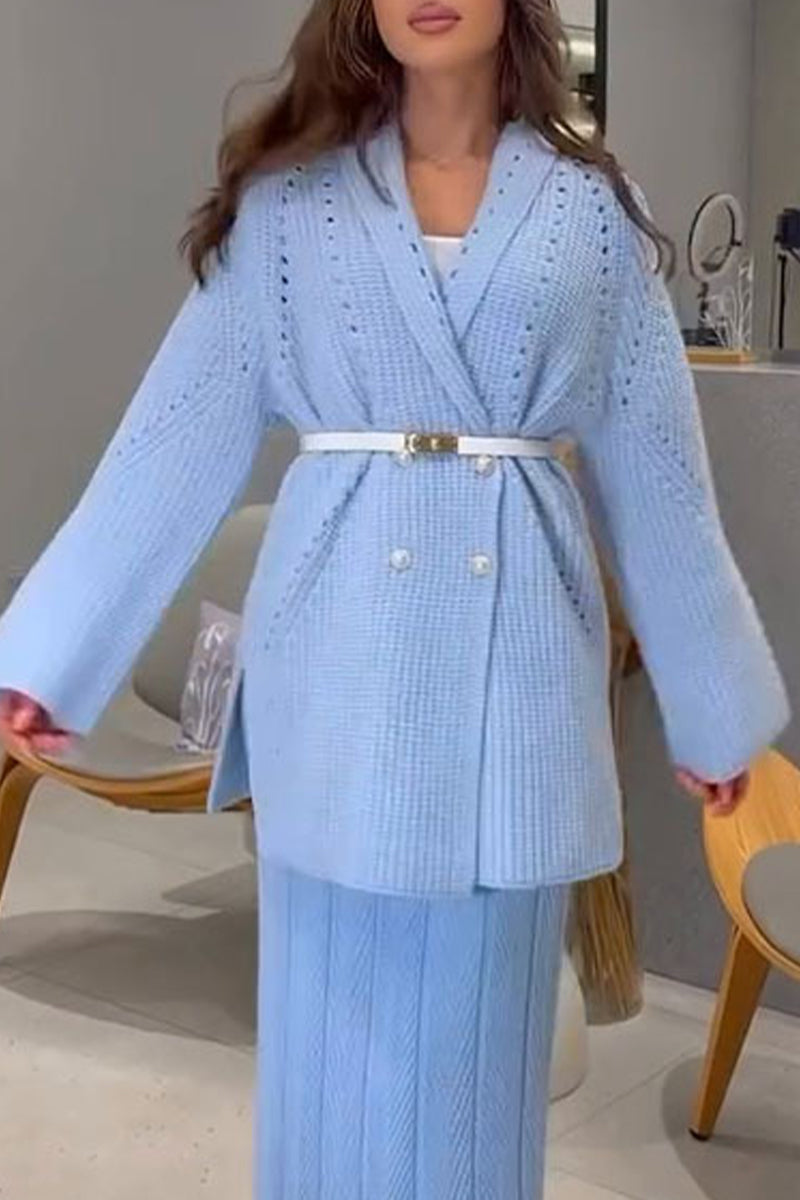 Belted Weave Turndown Collar Knitted Jacket - 3 Colors Available