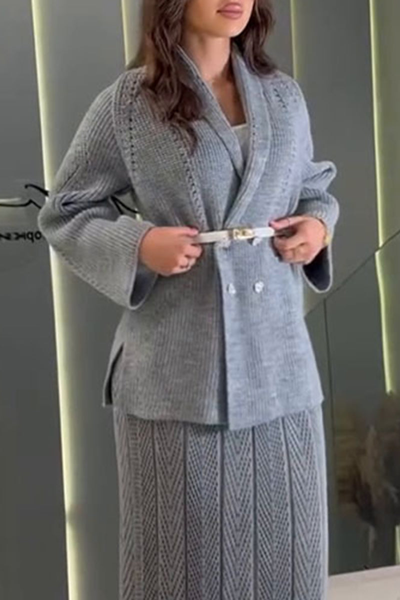 Belted Weave Turndown Collar Knitted Jacket - 3 Colors Available