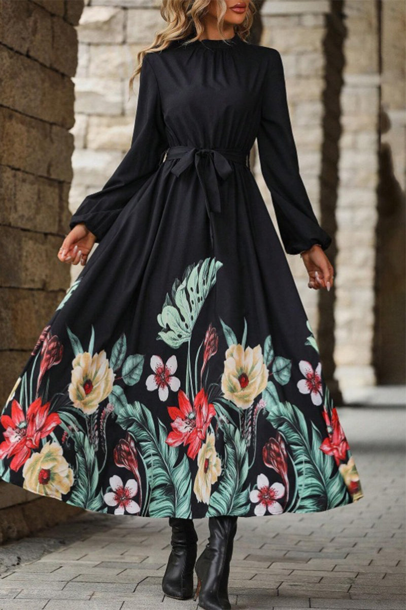 Elegant Floral Print Lace Up Half A Turtleneck A Line Dresses