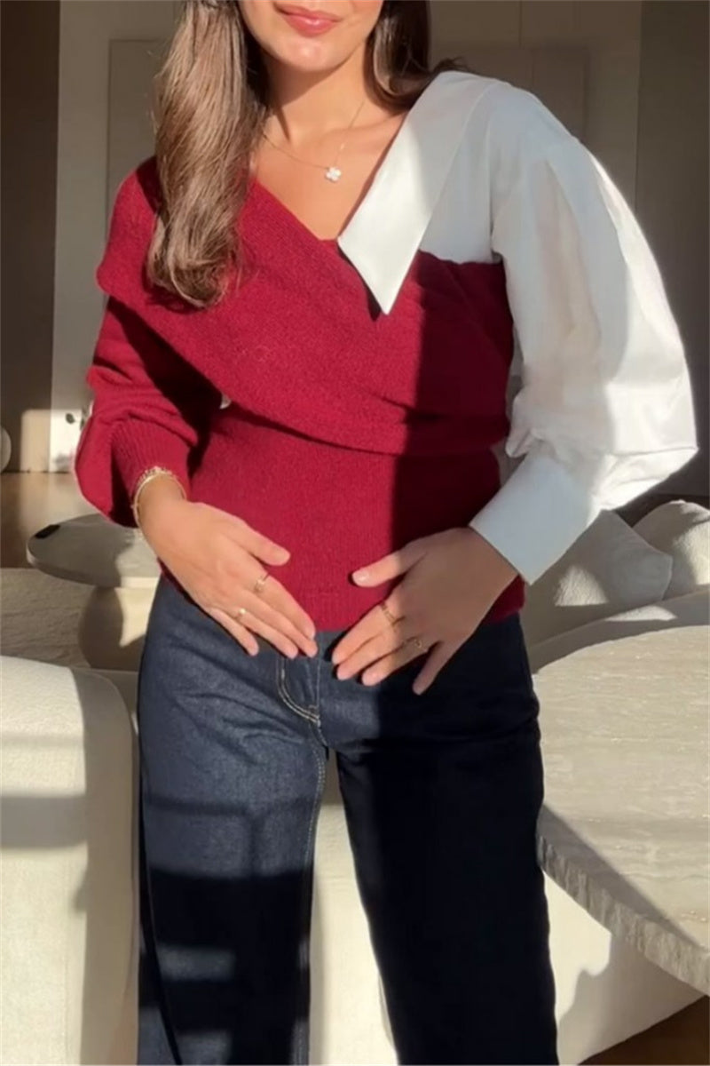 Florcoo Casual V Neck Patchwork Sweater for Effortless Style