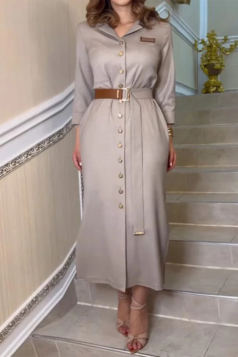 Casual Pocket Buckle With Belt Turndown Collar Shirt Dresses - Fashionpara
