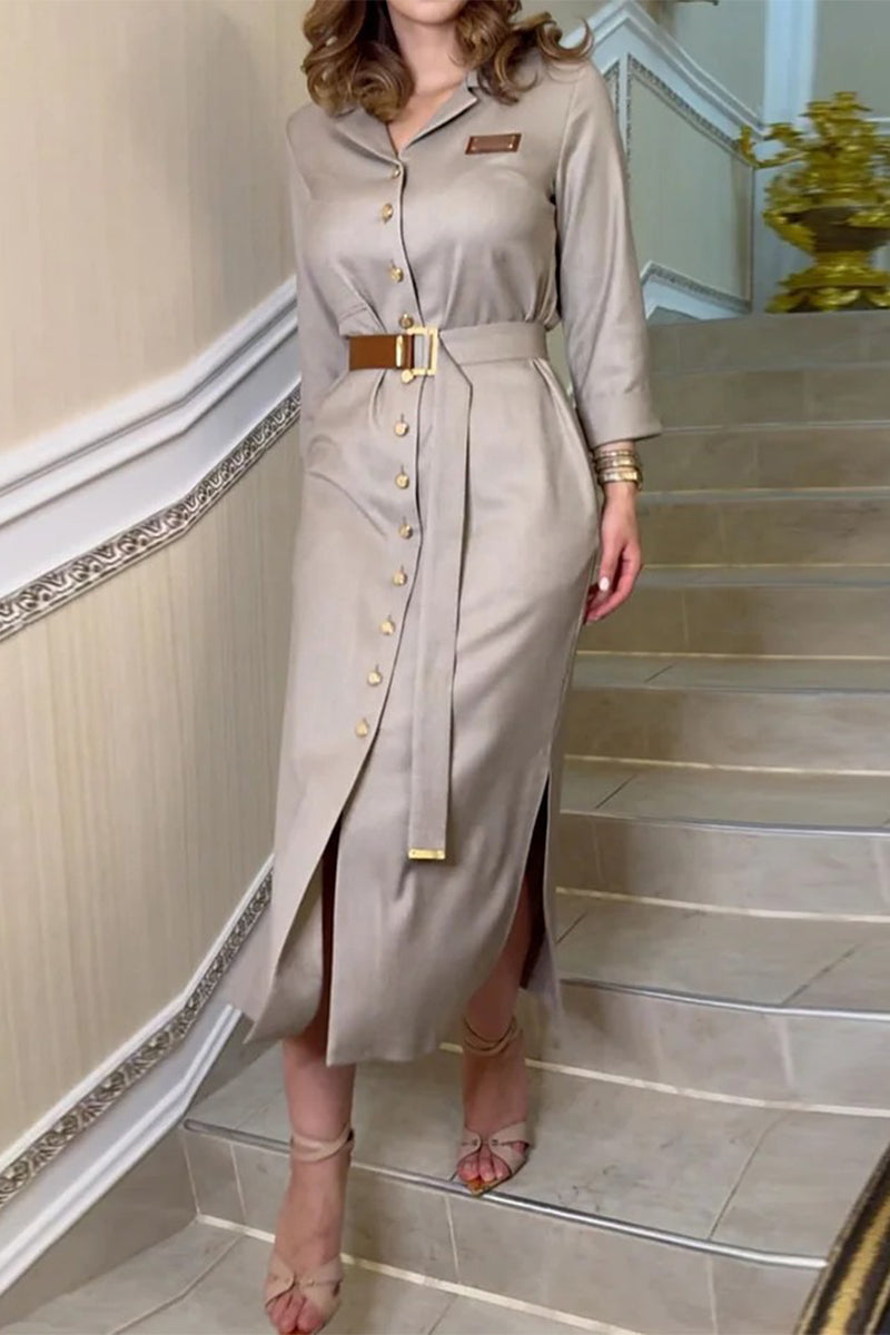 Casual Pocket Buckle With Belt Turndown Collar Shirt Dresses - Fashionpara