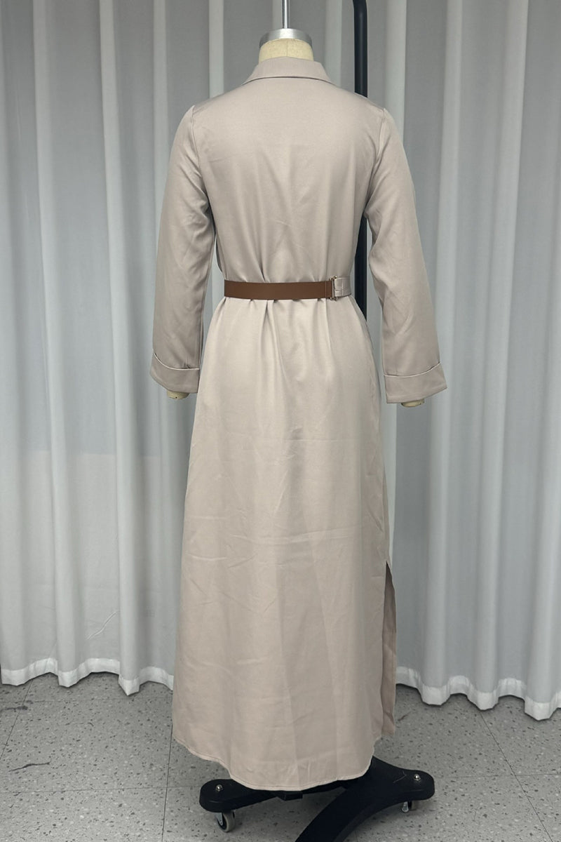 Casual Pocket Buckle With Belt Turndown Collar Shirt Dresses - Fashionpara