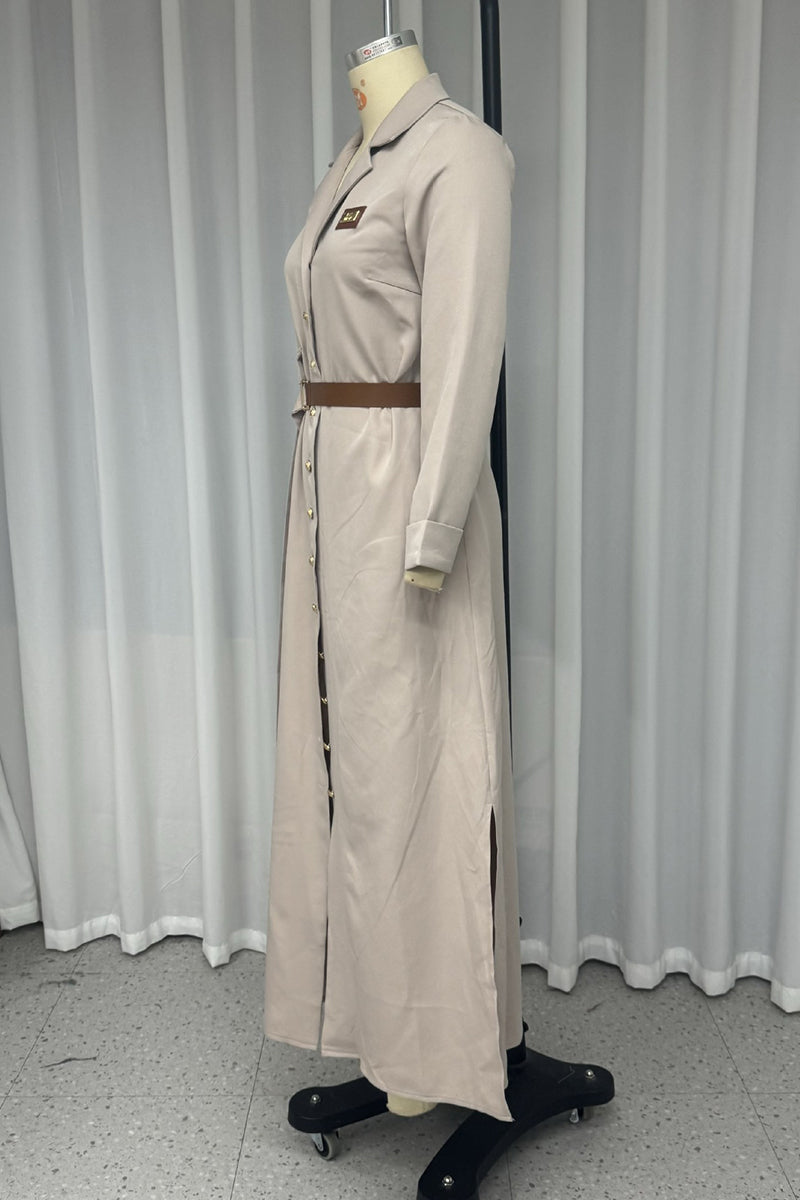 Casual Pocket Buckle With Belt Turndown Collar Shirt Dresses - Fashionpara