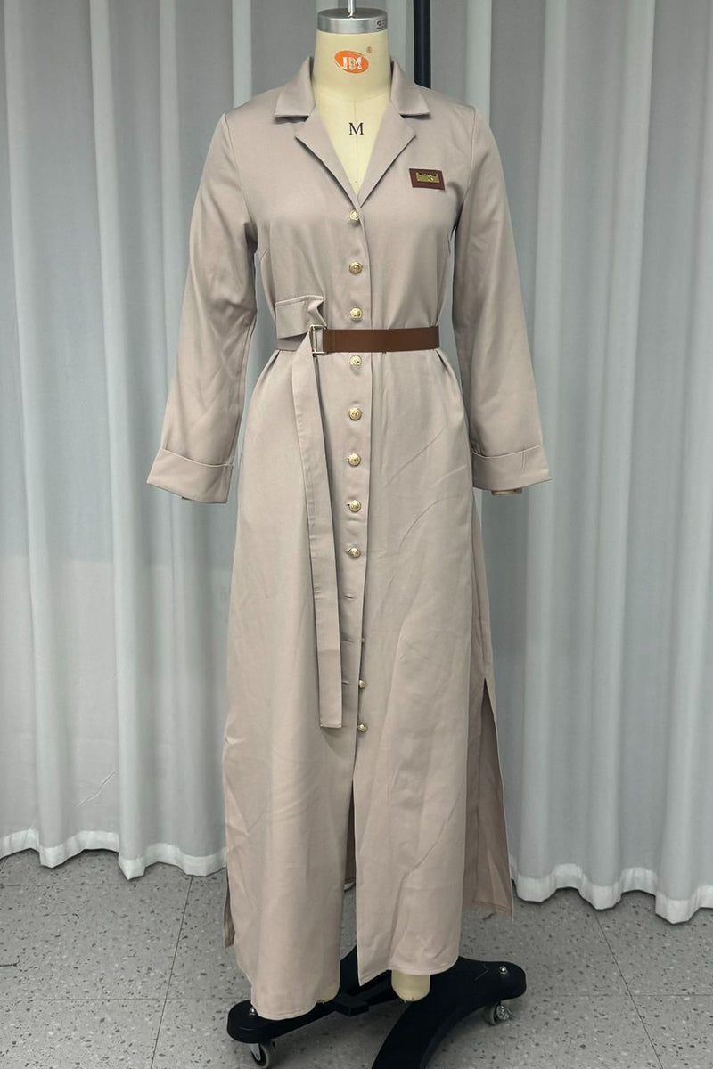 Casual Pocket Buckle With Belt Turndown Collar Shirt Dresses - Fashionpara