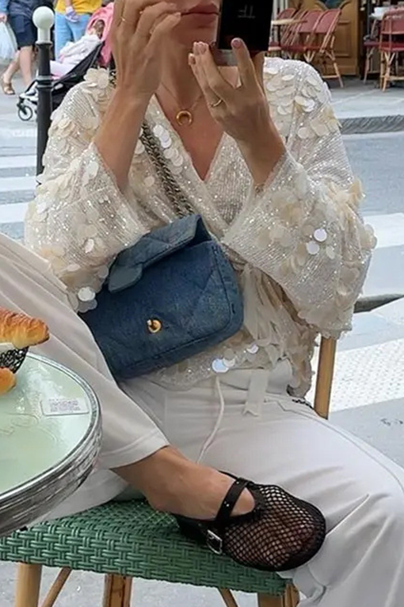 Casual Street Sequins Lace Up Sequined V Neck Tops - Fashionpara