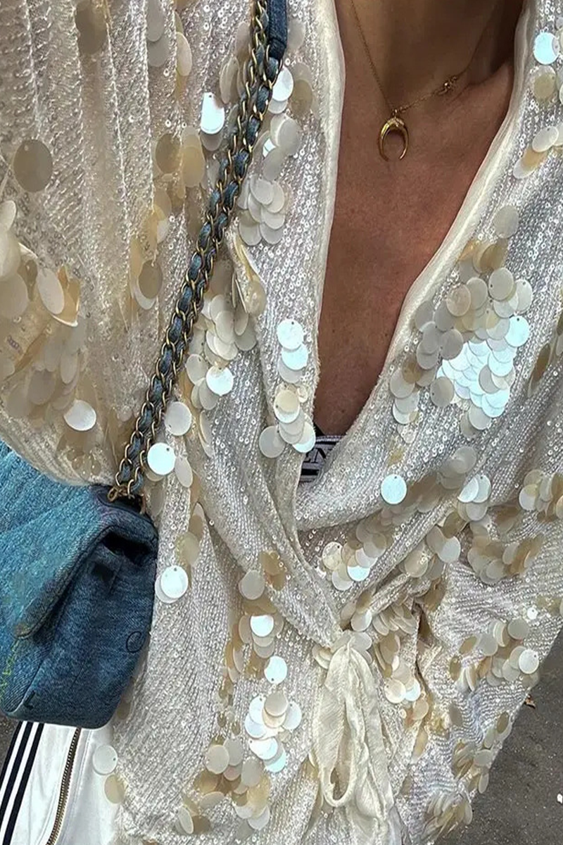 Casual Street Sequins Lace Up Sequined V Neck Tops - Fashionpara