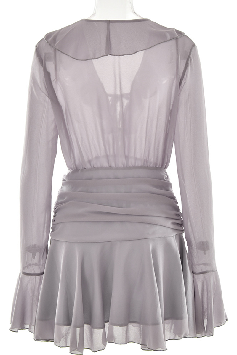 Sexy Lace Up Ruffle Ruched V Neck A Line Dresses - Fashionpara