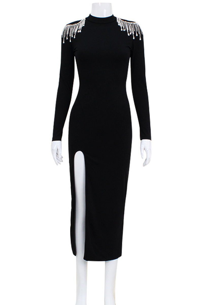 Elegant Rhinestone Fringed Trim Slit Turtleneck Wrapped Skirt Dresses - Fashionpara