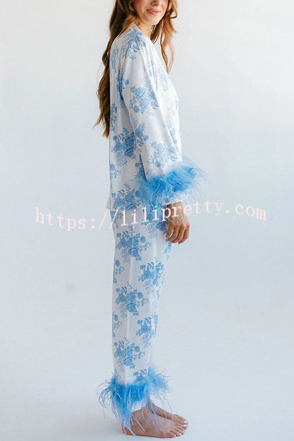 Sweet Daydreamer Floral Printed Feather Trim Elastic Waist Pocketed Pajama Set - Fashionpara